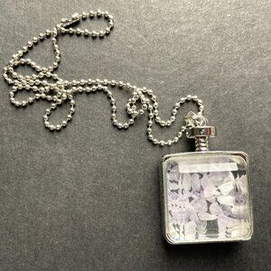✨ Pendant Necklace Crushed Amethyst Stone Shaker Square Frame Bottle Silver Tone